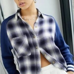 Urban Outfitters BDG Keanu Sporty Flannel Shirt Size M Blue Plaid Shacket NEW